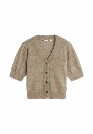 Ljusbrun kortärmad kofta, gjord av mjukt, luddigt material. Har en v-ringning och sex mörka knappar framtill.