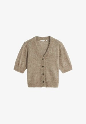 Lichtbruine korte mouwen cardigan, gemaakt van een zacht, pluizig materiaal. Heeft een v-hals en zes donkere knopen aan de voorkant.