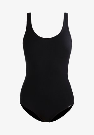 Black one-piece swimsuit with a scoop neck, wide straps, and high-cut legs. Made from smooth, stretchy material with a simple design.