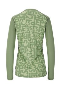 Langarmshirt in lichtgroen, met een algeheel patroon van grote letters in een donkere groen. Gemaakt van een zachte, rekbare stof.