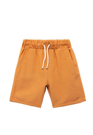 Shorts en coton orange avec une taille élastique, un cordon de serrage blanc et deux poches latérales ; texture lisse, coupe au genou.