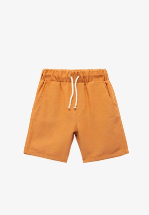 Pomarańczowe bawełniane szorty z elastycznym pasem, białym sznurkiem do regulacji i dwiema bocznymi kieszeniami; gładka faktura, długość do kolan.