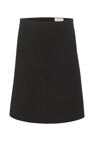 Černá A-liniová sukně vyrobená z hladké látky. Obsahuje skrytý zip na zadní straně a má čistý, minimalistický design bez viditelných vzorů.