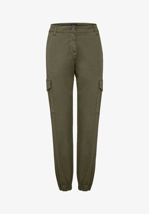 Olibroheline kaubanduspüksid, mis on valmistatud kergest kangast, küljetaskutega, kitseneva jala disainiga ja elastse pahkluuäärisega.