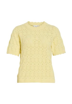 Pull jaune à manches courtes en maille avec bords festonnés et un motif texturé en dentelle sur l'ensemble du tissu.
