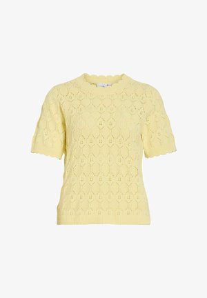Pull jaune à manches courtes en maille avec bords festonnés et un motif texturé en dentelle sur l'ensemble du tissu.