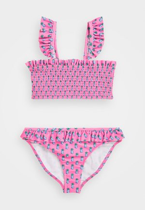 Roze bikini-set met gerimpelde bandjes en een gerimpeld topje. Ananasprint op zowel het topje als het broekje, met gerimpelde accenten op de tailleband.