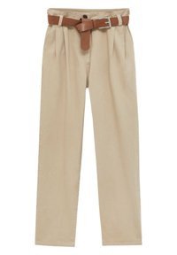 Beige high-waist straight-leg pants with pleats and a brown leather belt featuring a silver buckle.