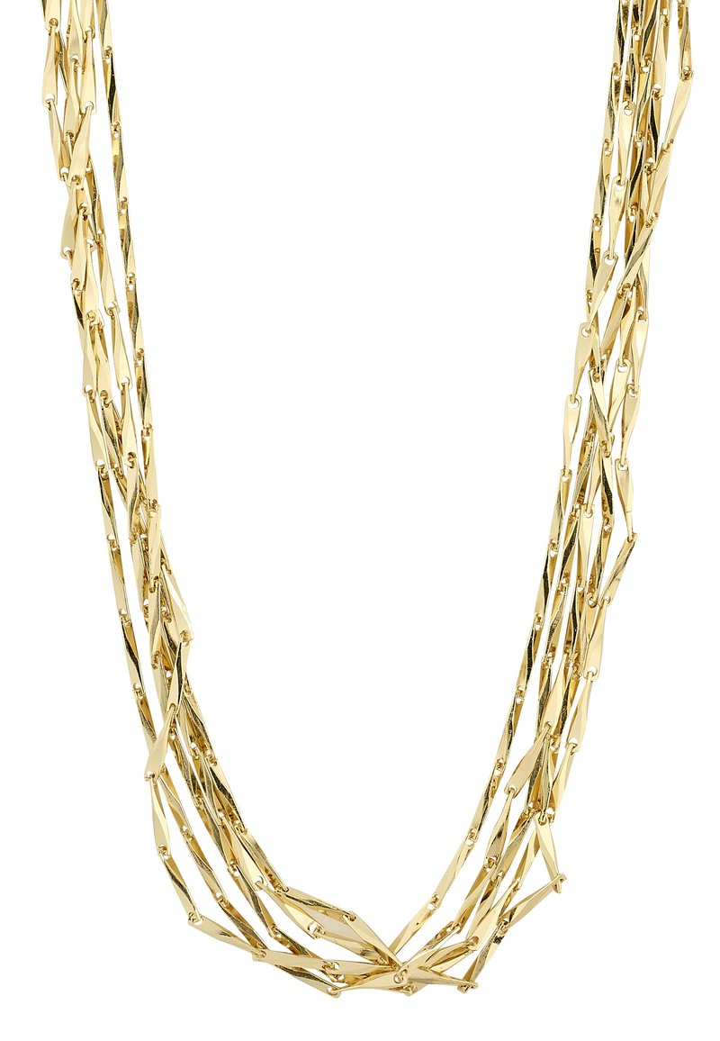 Goldschichtige Halskette mit langen, gedrehten Gliedern. Verfügt über eine glänzende, strukturierte Oberfläche und mehrere Stränge, die ein auffälliges Erscheinungsbild erzeugen.