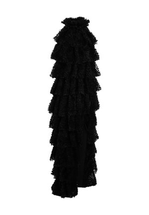 Black dress featuring layered ruffled fabric, high neckline, and a long silhouette. Textured design adds depth and visual interest.