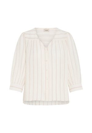 Fehér, gombos blúz függőleges rózsaszín és bézs csíkokkal, háromnegyedes ujjú és V-nyakú gallérral.