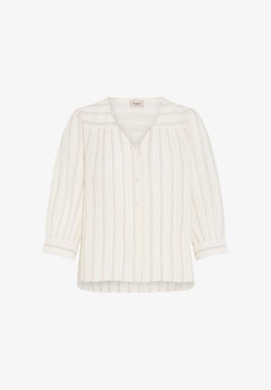 Fehér, gombos blúz függőleges rózsaszín és bézs csíkokkal, háromnegyedes ujjú és V-nyakú gallérral.