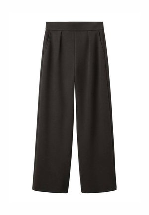 Pantalones negros de pierna ancha con textura suave, frente plisado y dos bolsillos laterales, con una cintura ajustada.