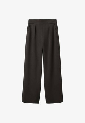 Črni široki hlače z gladko teksturo, sprednjimi gubami in dvema stranskima žepoma, z oprijetim pasom.