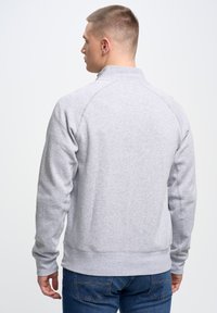 Szary sweter z wysokim kołnierzem, prążkowanymi mankietami i dołem. Posiada rękawy raglanowe oraz gładką teksturę z mieszanki bawełny. Tylko widok z tyłu.