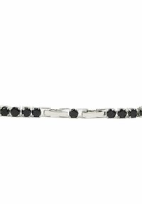 Bracciale in gemme nere con collegamenti in metallo argentato, caratterizzato da faccette rotonde e una finitura lucida. Design alternato di pietre e collegamenti piatti.