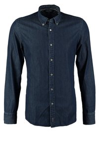 Chemise en denim bleu foncé à manches longues, boutonnée, col boutonné et détails de coutures visibles.
