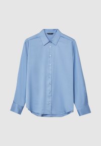 Camicia azzurra chiara, a maniche lunghe, con colletto classico, texture liscia e orlo arrotondato. Presenta bottoni frontali e polsini.