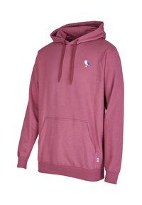 Maroon sweatshirt with a hood, drawstring, and front kangaroo pocket. Features a small embroidered bird design in white and blue.