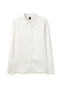 Camicia bianca a maniche lunghe in tessuto liscio, con colletto, bottoniera centrale e polsini con bottone per una vestibilità strutturata.