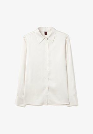 Weißes Langarmhemd aus glattem Stoff, mit Kragen, zentraler Knopfleiste und geknöpften Manschetten für eine strukturierte Passform.