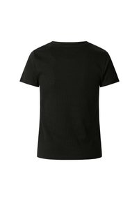 Svart t-skjorte med kort erme og rund hals, laget av et glatt stoff, med et ensfarget design uten synlige mønstre eller detaljer.