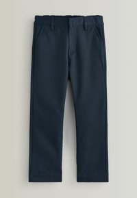 Navyblå bukser lavet af glat stof med sidelommer, en flad front og en skræddersyet pasform med lige ben.