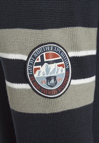 Strickpullover in Marineblau mit grauen und weißen Streifen. Enthält einen runden Logoschulterpatch mit Bergen und einem Wikingerschiff. Der Text lautet "Great North Expedition."