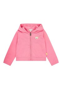 Rosa Zip-Hoodie aus weichem Stoff. Mit Bären-Stickerei auf der linken Brust und einem gelben Etikett am Saum. Kapuzen-Design, lange Ärmel.