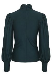 Blouse à manches longues vert foncé avec col montant froncé, épaules bouffantes, taille ajustée et poignets froncés, vue de dos.