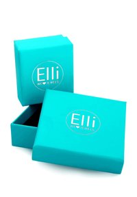 Tirkīzzilāks rotaslietu kastē ar gludu tekstūru, kurā ir sudraba logo "Elli WE ♥ JEWELS." Satur augšējo vāku un pamatni.