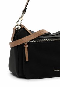 Black leather handbag with a brown accent strap. Features a zip closure and silver-tone hardware. Smooth texture with a structured shape.