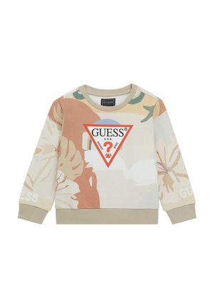 Børns langærmede sweatshirt med beige abstrakt blomsterprint og fremtrædende rød og hvid Guess-logo trekant på fronten.