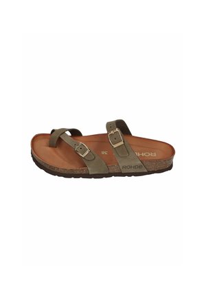 Sandale à semelle en liège marron avec deux brides en cuir vert olive réglables et boucles métalliques, taille 38, marquage "ROHDE" visible sur le côté.