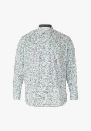 Koszula na długi rękaw zapinana na guziki z zielonym i niebieskim drobnym kwiatowym wzorem na białym tle, kołnierzem rozłożystym i zaokrąglonym dołem.