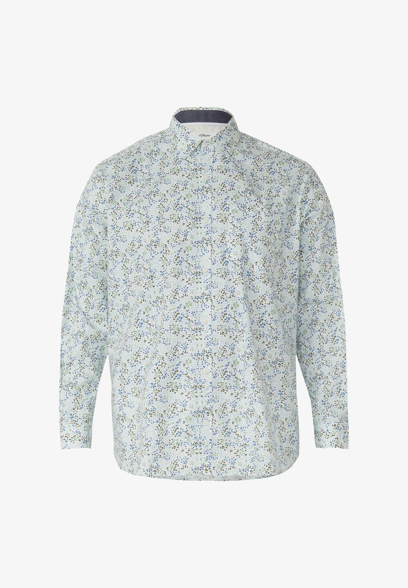 Chemise à manches longues avec boutons, imprimé floral petit en vert et bleu sur fond blanc, col à pointes écartées et ourlet arrondi.