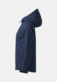 Veste à capuche bleu marine vue de côté avec poche zippée à l'avant et sangle ajustable au poignet sur fond uni.