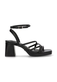 Sanda ña de tacón de bloque de cuero negro con tiras, correa en el tobillo ajustable, plantilla acolchada y diseño de plataforma para mayor comodidad.