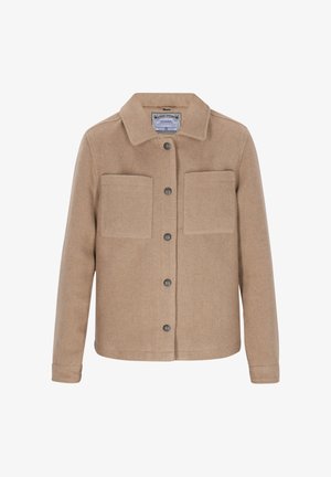 Beige wollen jas met lange mouwen, een spitse kraag, drukknoopsluiting aan de voorkant en twee vierkante borstzakken.