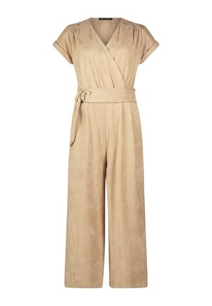 Tuta beige con design avvolgente, maniche corte e vita regolabile con cintura. Realizzata in tessuto morbido e testurizzato, presenta pantaloni a gamba larga.