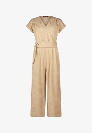 Tuta beige con design avvolgente, maniche corte e vita regolabile con cintura. Realizzata in tessuto morbido e testurizzato, presenta pantaloni a gamba larga.