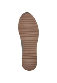 Suola di scarpa in gomma con un design marrone testurizzato. Include scanalature orizzontali per la trazione e un'area del tallone sagomata. Taglia 37 contrassegnata.