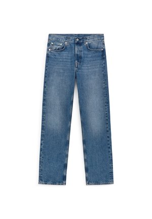 Blue straight-leg denim jeans with front button and zipper, five pockets, and slight fading on thighs and knees.