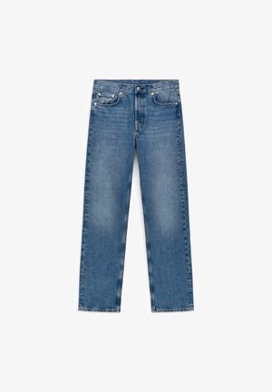 Blue straight-leg denim jeans with front button and zipper, five pockets, and slight fading on thighs and knees.