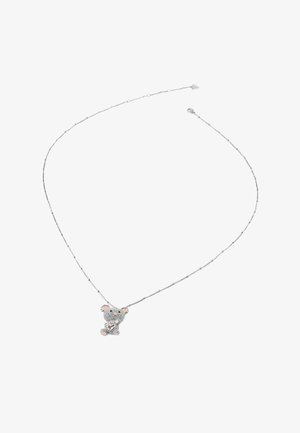 Srebrny łańcuszek z zawieszką w kształcie niedźwiedzia z różowymi akcentami, teksturowaną powierzchnią i zabawnym designem. Długość regulowana dla lepszego dopasowania.