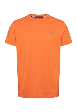 Tricou portocaliu din bumbac cu mâneci scurte, gât rotund și un logo brodat albastru pe piept. Textură netedă și croială normală.