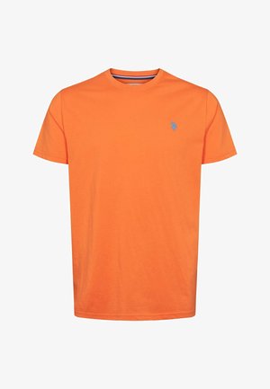 Oranžové bavlnené tričko s krátkymi rukávmi, okrúhlym výstrihom a modrým vyšívaným logom na hrudi. Hladká textúra a pravidelný strih.