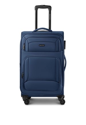 Navy blue soft-shell suitcase with telescopic handle, front zippered pockets, four black spinner wheels, and Smartbox logo on the front.