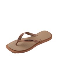 Καφέ λαστιχένιες σαγιονάρες Havaianas με υφασμάτινη σόλα και λουράκια με σχέδιο chevron και όνομα της μάρκας στο λουράκι.
