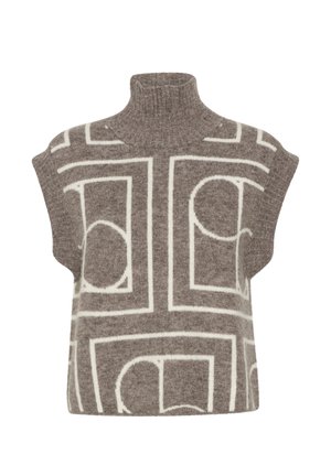 Strik turtleneck sweater i blødt gråt uld, med abstrakte hvide geometriske mønstre og korte ærmer med ribbet kravedetalje.